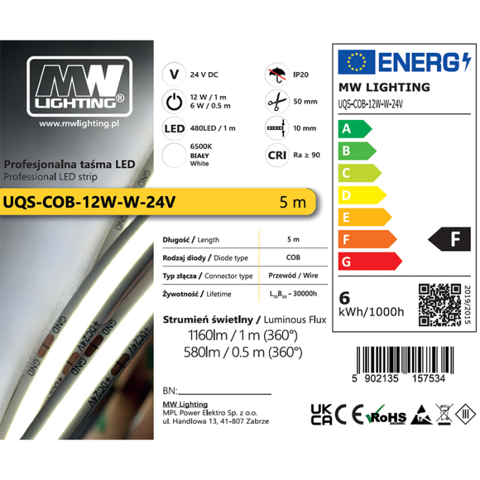 BANDA LED COB 12W 24V 6500K 5M [5]
