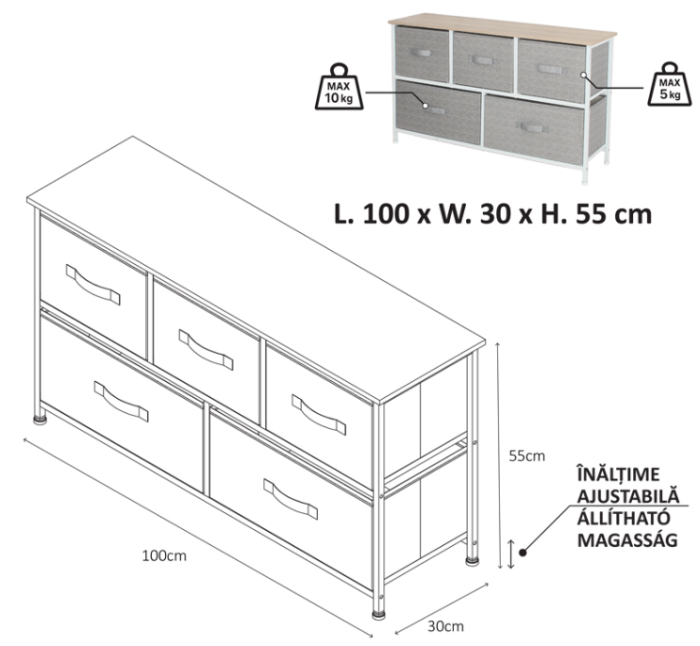 COMODA 5 SERTARE TEXTILE / 100X30X55CM - GRI/ALB [2]