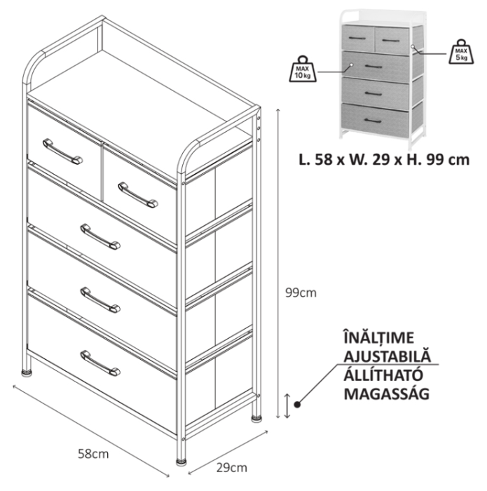 COMODA 5 SERTARE TEXTILE / 58X29X99CM - GRI/ALB [2]