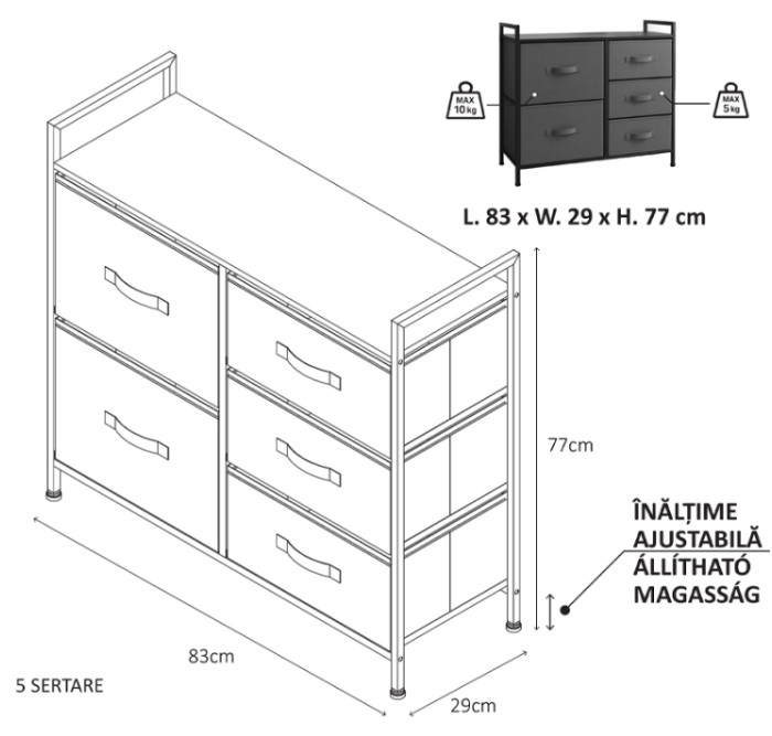 COMODA 5 SERTARE TEXTILE / 83X29X77CM - ANTRACIT/NEGRU [2]