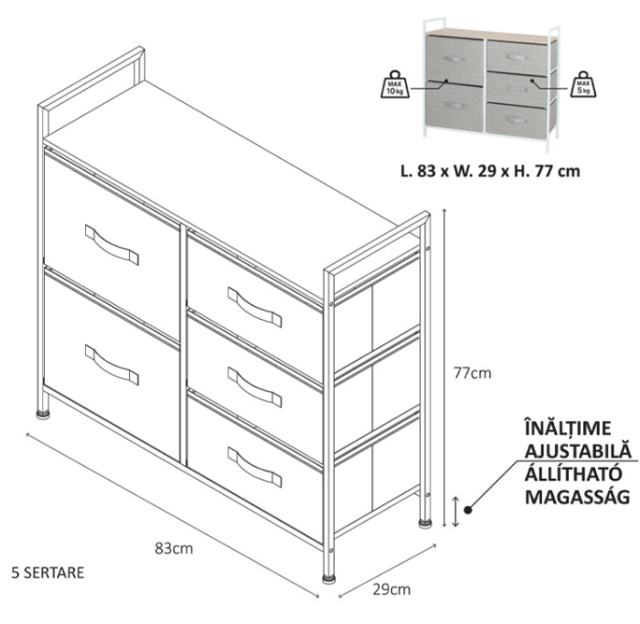 COMODA 5 SERTARE TEXTILE / 83X29X77CM - GRI/ALB [2]