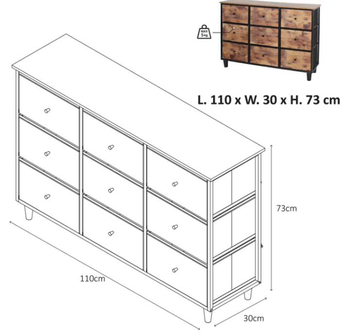 COMODA 9 SERTARE TEXTILE / 110X30X73CM - VINTAGE/NEGRU [2]