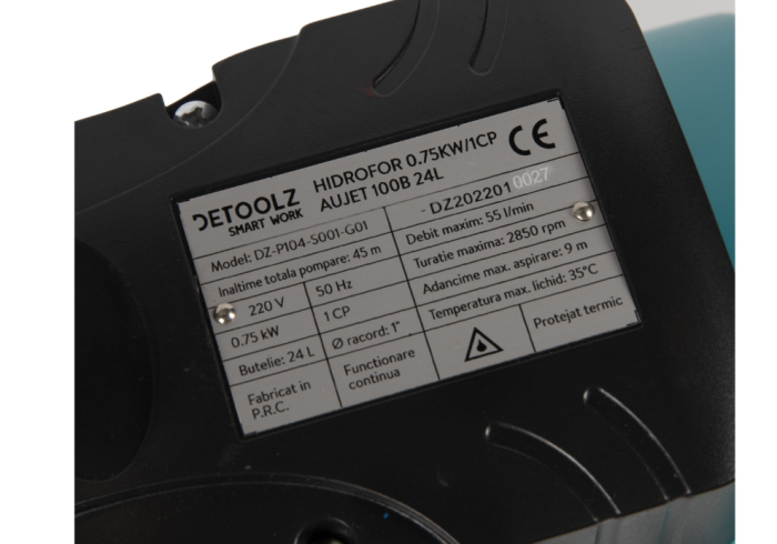 Hidrofor Detoolz 0.75 kW, debit 3300l/h, inaltime de pompare 45m, carcasa pompa fonta, volum butelie 24 litri [6]