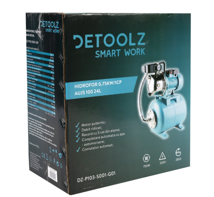 Hidrofor Detoolz 0.75 kW, debit 3300l/h, inaltime de pompare 45m, carcasa pompa inox, volum butelie 24 litri [3]