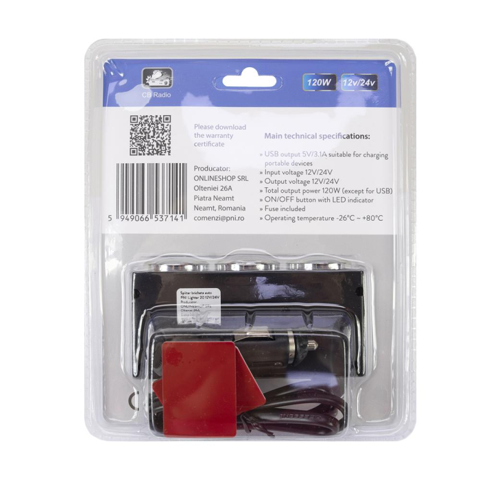 INCARCATOR AUTO SPLITER PNI LIGHTER 20 12V/24V, CU 2 IESIRI BRICHETA, 2 X USB (1A), INDICATOR LED [6]