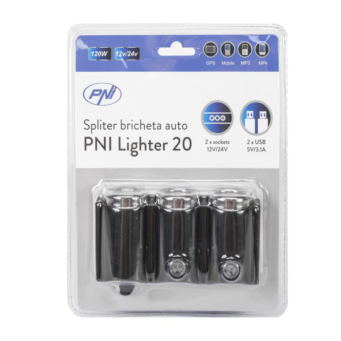INCARCATOR AUTO SPLITER PNI LIGHTER 20 12V/24V, CU 2 IESIRI BRICHETA, 2 X USB (1A), INDICATOR LED [5]
