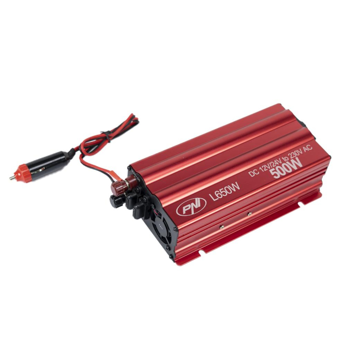 INVERTOR DE TENSIUNE PNI L650W, ALIMENTARE DUALA 12V/24V, IESIRE 230V, 500W, SINUS MODIFICAT, MUFA USB 5V 500mAh, CU CLESTI ALIMENTARE SI MUFA DE BRICHETA INCLUSA [12]