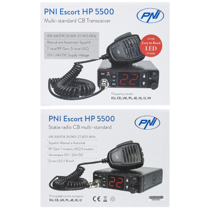 STATIE RADIO CB PNI ESCORT HP 5500, MULTISTANDARD, 4W, AM-FM, 12V/24V, ASQ, RF GAIN, MUFA DE BRICHETA INCLUSA [12]