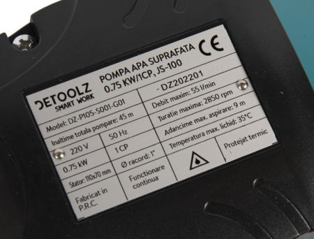 Pompa de suprafata Detoolz 0.75 kW, debit 3300l/h, inaltime de pompare 45m, carcasa pompa inox [2]