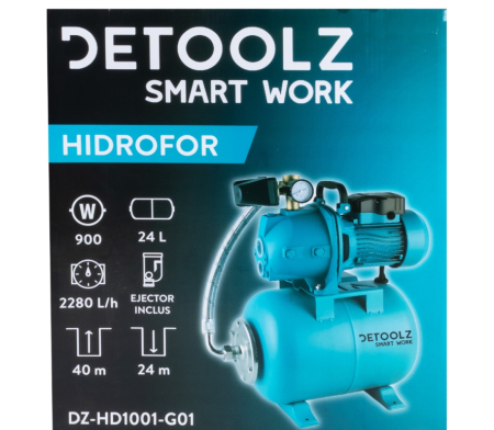 Hidrofor Detoolz 0.9 kW, debit maxim 2280l/h, inaltime maxima de pompare 40m, corp pompa fonta, butelie 24L, ejector [4]
