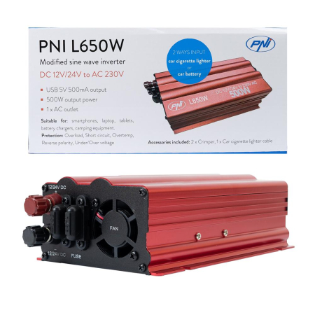 INVERTOR DE TENSIUNE PNI L650W, ALIMENTARE DUALA 12V/24V, IESIRE 230V, 500W, SINUS MODIFICAT, MUFA USB 5V 500mAh, CU CLESTI ALIMENTARE SI MUFA DE BRICHETA INCLUSA [1]
