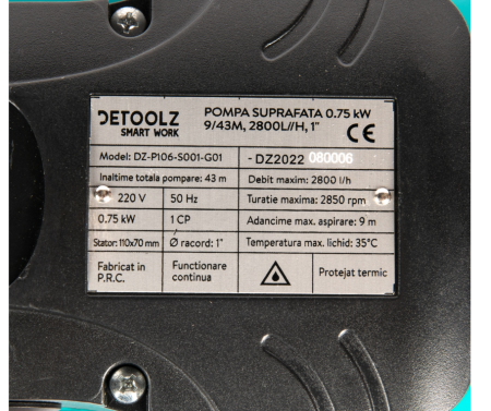 Pompa de suprafata Detoolz 0.75 kW, debit 2800l/h, inaltime de pompare 43m, carcasa pompa fonta [4]