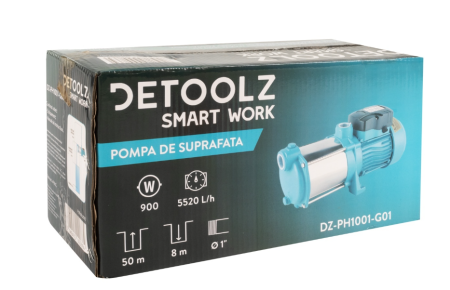 Pompa de suprafata Detoolz 0.9 kW, debit maxim 5520l/h, inaltime maxima de pompare 50m, corp pompa fonta [6]