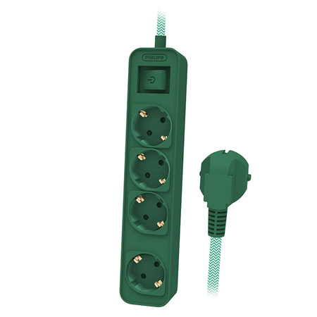 Electrice, surse de energie și Iluminat - PRELUNGITOR CU INTRERUPATOR 4 CAI 1.5M VERDE PHILIPS