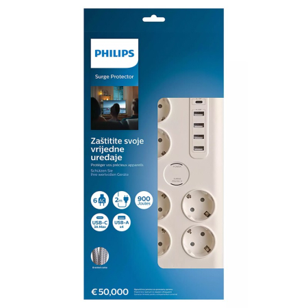 PRELUNGITOR SURGE PROTECTOR 6 PRIZE 2M 5 X USB PHILIPS [2]