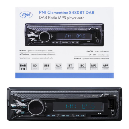 SISTEME ELECTRICE - RADIO MP3 PLAYER AUTO DAB SI RDS PNI CLEMENTINE 8480BT 4X45W, 12/24V, CU SD, USB, AUX, RCA, BLUETOOTH SI USB 1.5A
