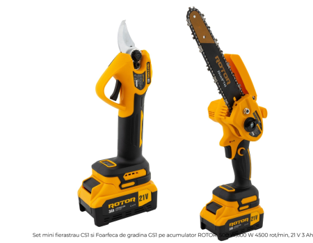 Drujbe, motofierastraie - Set mini fierastrau CS1 si Foarfeca de gradina GS1 pe acumulator ROTOR, 500 W,600 W 4500 rot/min, 21 V 3 Ah