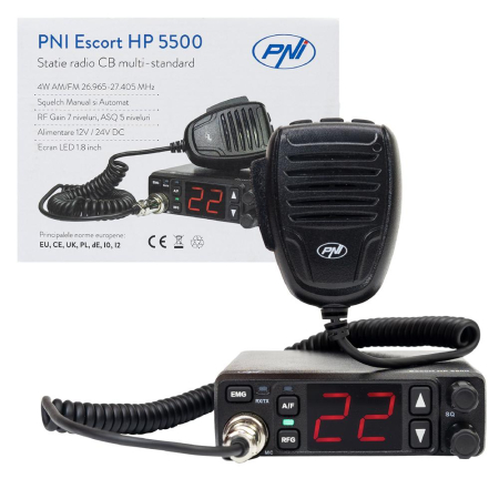 Accesorii auto - STATIE RADIO CB PNI ESCORT HP 5500, MULTISTANDARD, 4W, AM-FM, 12V/24V, ASQ, RF GAIN, MUFA DE BRICHETA INCLUSA