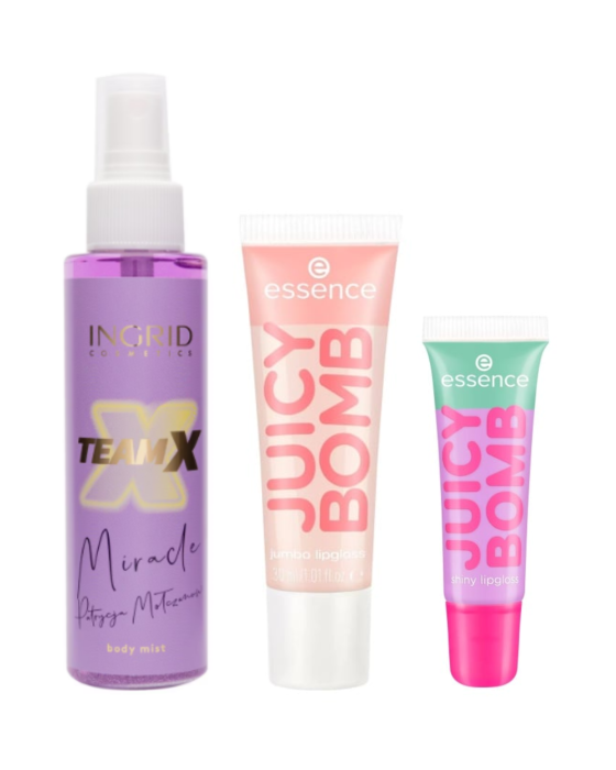 Iluminator Body Mist Miracle Ingrid Cosmetics, 125 ml + Luciu de buze cu dimensiuni mari JUICY BOMB PARTY JUMBO Essence, 30 ml + Luciu de buze stralucitor JUICY BOMB PARTY Kiwi Kisses 04 Essence [1]