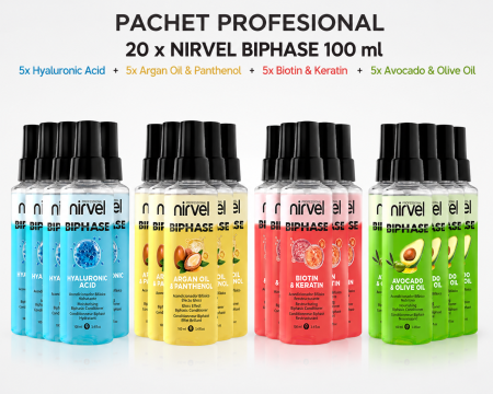 Coafura si Frizerie - Pachet Profesional Nirvel Biphase 20 x 100 ml - Hyaluronic Acid, Argan Oil, Biotin Keratin, Avocado Olive Oil