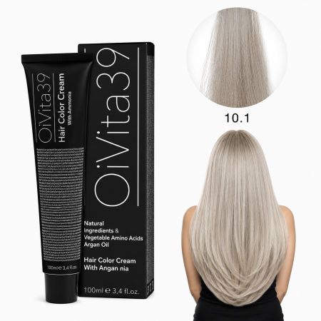 Coafura si Frizerie - Vopsea de Păr Permanentă cu Amoniac, Argan și Aminoacizi fara PPD 10.1 Blond Foarte Deschis Cenușiu – Hair Color Cream Profesională 100 ml