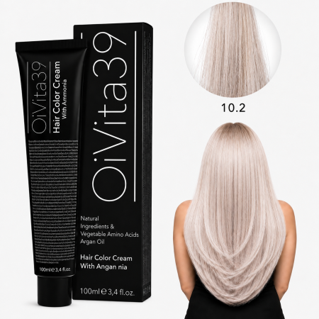 Vopsea de par - Vopsea de Păr Permanentă cu Amoniac, Argan și Aminoacizi fara PPD 10.2 Blond Foarte Foarte Deschis Violet – Hair Color Cream Profesională 100 ml