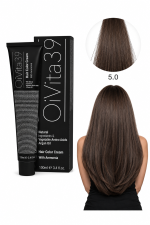 Vopsea de par - Vopsea de Păr Permanentă cu Amoniac, Argan și Aminoacizi fara PPD 5.0 Șaten Deschis Natural – Hair Color Cream Profesională 100 ml