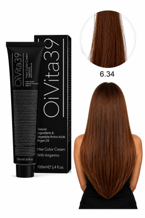 Coafura si Frizerie - Vopsea de Păr Permanentă cu Amoniac, Argan și Aminoacizi fara PPD 6.34 Blond Închis Auriu Cupru – Hair Color Cream Profesională 100 ml