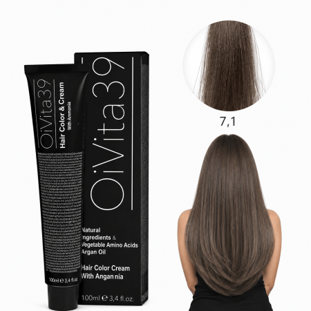 Coafura si Frizerie - Vopsea de Păr Permanentă cu Amoniac, Argan și Aminoacizi fara PPD  7.1 Blond Mediu Cenușiu – Hair Color Cream Profesională 100 ml