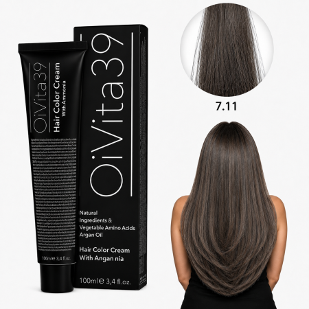 Vopsea de par - Vopsea de Păr Permanentă cu Amoniac, Argan și Aminoacizi fara PPD 7.11 Blond Mediu Cenușiu Intens – Hair Color Cream Profesională 100 ml