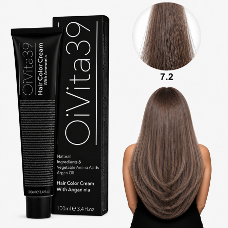 Vopsea de par - Vopsea de Păr Permanentă cu Amoniac, Argan și Aminoacizi fara PPD 7.2 Blond Mediu Violet– Hair Color Cream Profesională 100 ml