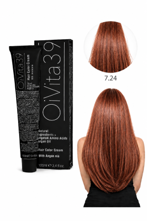 Coafura si Frizerie - Vopsea de Păr Permanentă cu Amoniac, Argan și Aminoacizi fara PPD 7.24 Blond Mahon Cupru – Hair Color Cream Profesională 100 ml