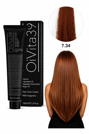 Coafura si Frizerie - Vopsea de Păr Permanentă cu Amoniac, Argan și Aminoacizi fara PPD 7.34 Blond Mediu Auriu Cupru – Hair Color Cream Profesională 100 ml
