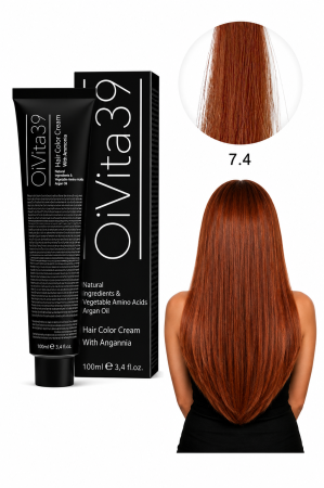 Coafura si Frizerie - Vopsea de Păr Permanentă cu Amoniac, Argan și Aminoacizi fara PPD 7.4 Blond Mediu Arămiu – Hair Color Cream Profesională 100 ml