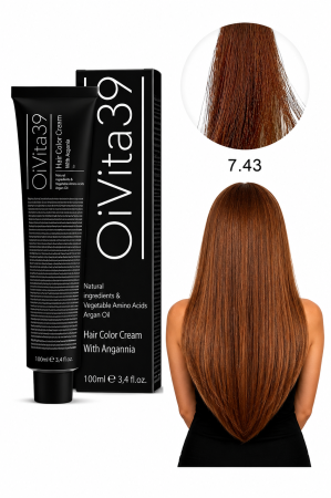 Coafura si Frizerie - Vopsea de Păr Permanentă cu Amoniac, Argan și Aminoacizi fara PPD 7.43 Blond Mediu Cupru Auriu – Hair Color Cream Profesională 100 ml