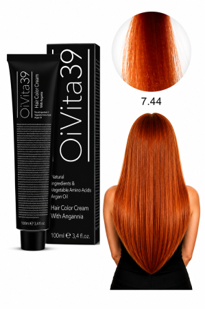 Coafura si Frizerie - Vopsea de Păr Permanentă cu Amoniac, Argan și Aminoacizi fara PPD 7.44 Blond Mediu Cupru Intens – Hair Color Cream Profesională 100 ml