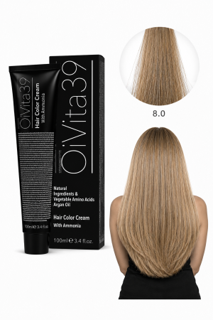 Vopsea de par - Vopsea de Păr Permanentă cu Amoniac, Argan și Aminoacizi fara PPD 8.0 Blond Deschis Natural – Hair Color Cream Profesională 100 ml