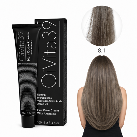 Coafura si Frizerie - Vopsea de Păr Permanentă cu Amoniac, Argan și Aminoacizi fara PPD 8.1 Blond Deschis Cenușiu – Hair Color Cream Profesională 100 ml