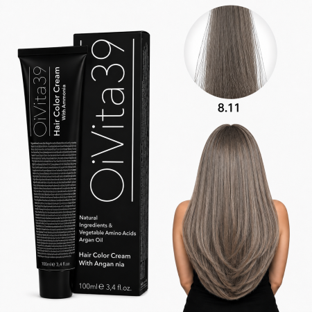 Vopsea de par - Vopsea de Păr Permanentă cu Amoniac, Argan și Aminoacizi fara PPD  8.11 Blond Deschis Cenușiu Intens – Hair Color Cream Profesională 100 ml