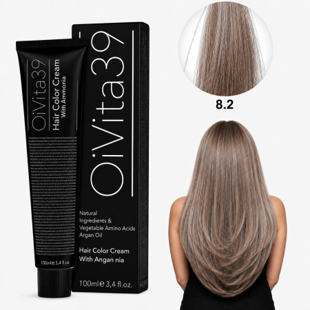 Vopsea de par - Vopsea de Păr Permanentă cu Amoniac, Argan și Aminoacizi fara PPD 8.2 Blond Deschis Violet – Hair Color Cream Profesională 100 ml