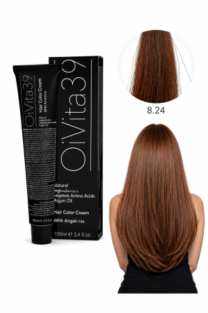 Coafura si Frizerie - Vopsea de Păr Permanentă cu Amoniac, Argan și Aminoacizi fara PPD 8.24 Blond Deschis Mahon Cupru– Hair Color Cream Profesională 100 ml
