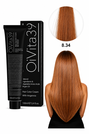 Coafura si Frizerie - Vopsea de Păr Permanentă cu Amoniac, Argan și Aminoacizi fara PPD 8.34 Blond Deschis Auriu Arămiu – Hair Color Cream Profesională 100 ml