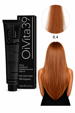 Coafura si Frizerie - Vopsea de Păr Permanentă cu Amoniac, Argan și Aminoacizi fara PPD 8.4 Blond Deschis Arămiu – Hair Color Cream Profesională 100 ml