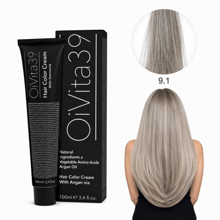 Coafura si Frizerie - Vopsea de Păr Permanentă cu Amoniac, Argan și Aminoacizi fara PPD 9.1 Blond Foarte Deschis Cenușiu – Hair Color Cream Profesională 100 ml