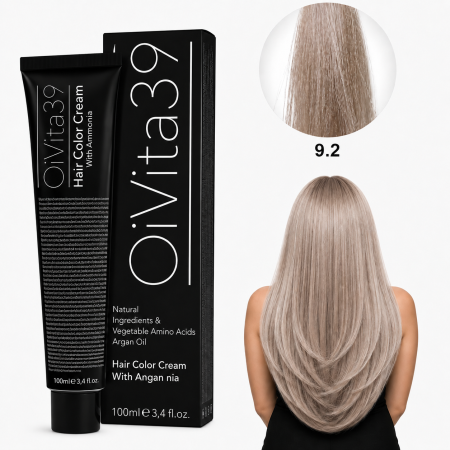Vopsea de par - Vopsea de Păr Permanentă cu Amoniac, Argan și Aminoacizi fara PPD 9.2 Blond Foarte Deschis Violet – Hair Color Cream Profesională 100 ml
