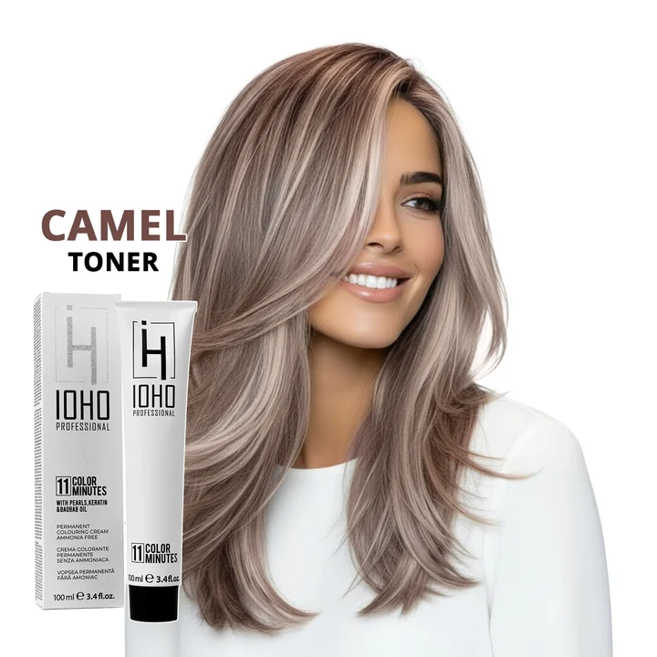 Vopsea de par - Vopsea toner bej camel Ioho Professional fără amoniac – neutralizare reflexe galbene și nuanță bej naturală uniformă