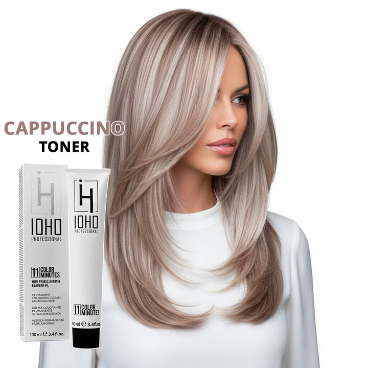 Vopsea de par - Vopsea toner cappuccino Ioho Professional fără amoniac – neutralizare reflexe nedorite și nuanță cappuccino uniformă