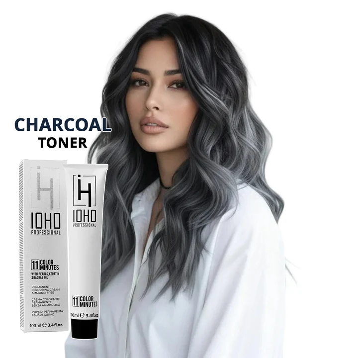 Vopsea de par - Vopsea toner gri antracit Charcoal Ioho Professional fără amoniac – neutralizare galben și obținere gri rece intens uniform