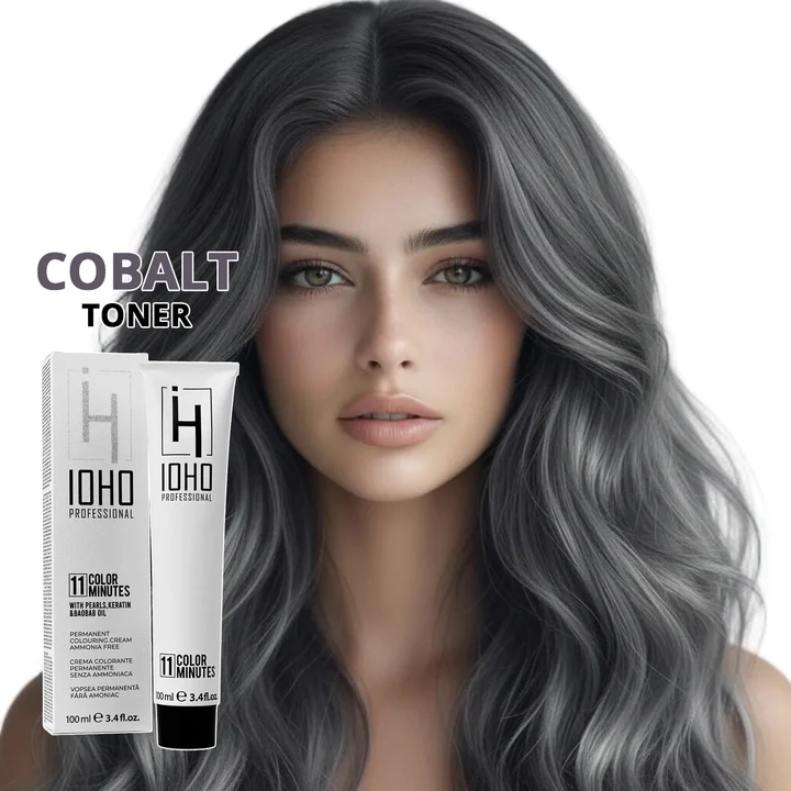 Vopsea de par - Vopsea toner gri închis cobalt Ioho Professional fără amoniac – neutralizare tonuri galbene și obținere blond gri intens uniform