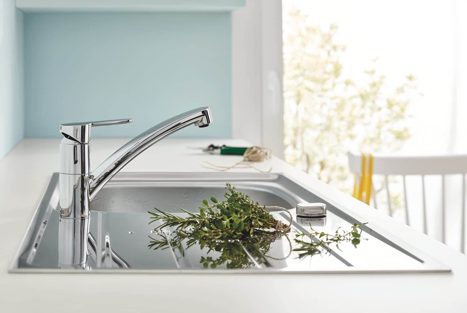 Baterie bucatarie Grohe StartEco, pipa joasa,crom, furtunuri flexibile
